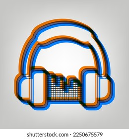 Auriculares con barras de espectro o signo de ecualizador. Icono marcado en colores naranja, azul y lavanda antigua en fondo gris. Ilustración.