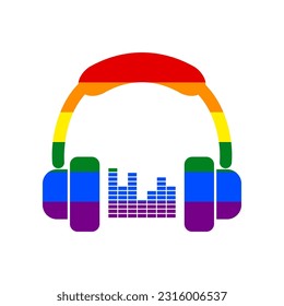 Headphones with spectrum bars or equalizer sign. Rainbow gay LGBT rights colored Icon at white Background. Illustration.