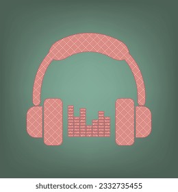 Headphones with spectrum bars or equalizer sign. Apricot Icon with Brick Red parquet floor graphic pattern on a Ebony background. Feldgrau. Green. Illustration.