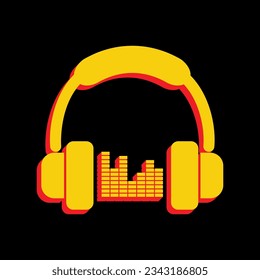 Headphones with spectrum bars or equalizer sign. 3D Extruded Yellow Icon with Red Sides a Black background. Illustration.