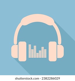 Auriculares con barras de espectro o signo de ecualizador. Icono de seda crudo con una sombra muy larga en el fondo azul cielo oscuro. Ilustración.