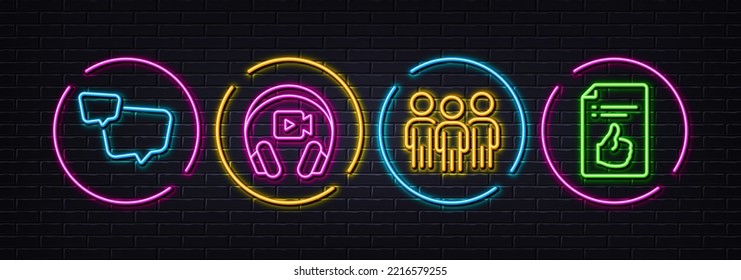 Auriculares, burbuja de voz e iconos de línea mínima de grupo. Luces 3d láser neón. Iconos de documento aprobados. Para web, aplicación, impresión. Cámara de video, mensaje de chat, reunión de negocios. Como un símbolo. Vector