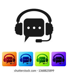 Headphones with speech bubble icon on white background. Support customer services, hotline, call center, guideline, faq, maintenance, assistance. Set icon in color square buttons. Vector Illustration