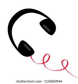 Headphones with spring curl red cord. Black silhouette. Greeting card. Flat design. White background. Isolated. Vector illustration.