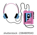 Headphones with Stereo Player as Bright Item from Nineties Vector Illustration