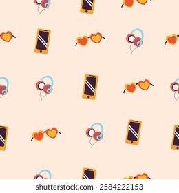 Headphones, Sunglasses, and Phones Pattern
A fun seamless pattern featuring heart-shaped sunglasses, wireless headphones, and smartphones