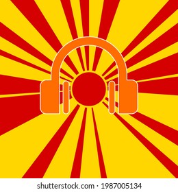 Headphones symbol on a background of red flash explosion radial lines. The large orange symbol is located in the center of the sun, symbolizing the sunrise. Vector illustration on yellow background