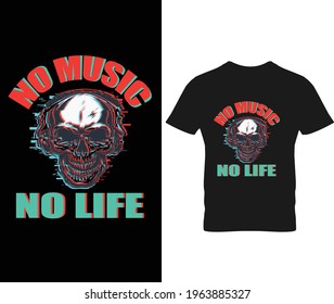 Headphones t shirt design with No Music No Life. text music notes vector vintage illustration.