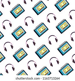headphones technology and plastic cassette background