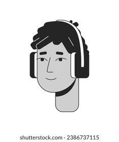 Headphones teenage boy latino with dreadlocks black and white 2D line cartoon character head. Dreads mexican young male isolated vector outline person face. Monochromatic flat spot illustration