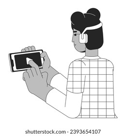 Headphones teenage girl pressing playing black and white 2D line cartoon character. Black woman listening podcast isolated vector outline person. Gen z leisure monochromatic flat spot illustration