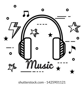 headphones with thunder and star with notes melody