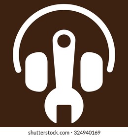Headphones Tools vector icon. Style is flat symbol, white color, rounded angles, brown background.