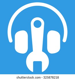 Headphones Tools vector icon. Style is flat symbol, white color, rounded angles, blue background.