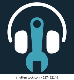 Headphones Tools vector icon. Style is bicolor flat symbol, blue and white colors, rounded angles, dark blue background.