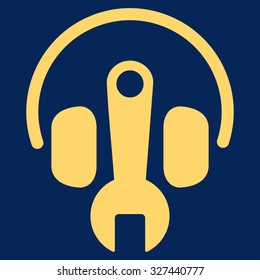 Headphones Tools vector icon. Style is flat symbol, yellow color, rounded angles, blue background.