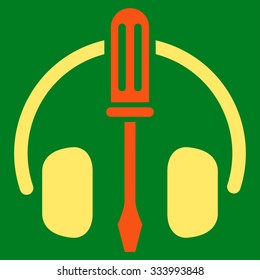 HeadPhones Tools vector icon. Style is bicolor flat symbol, orange and yellow colors, rounded angles, green background.
