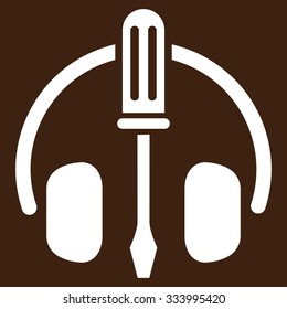 HeadPhones Tools vector icon. Style is flat symbol, white color, rounded angles, brown background.