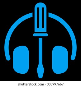 HeadPhones Tools vector icon. Style is flat symbol, blue color, rounded angles, black background.