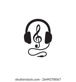 Headphones with a treble clef connected by the wire in a minimalist black and white illustration