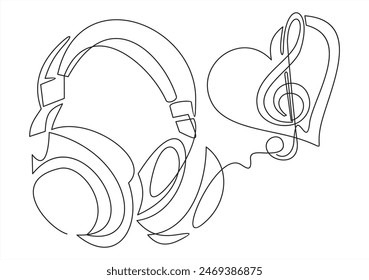 Headphones with treble clef icon.Continuous line drawing