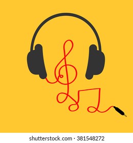 Headphones with treble clef, note red cord. Music Card. Flat design icon. Yellow background Vector illustration