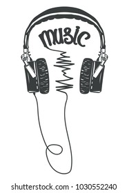 Headphones t-shirt graphic, tee print poster. Listen to music typography. Vector