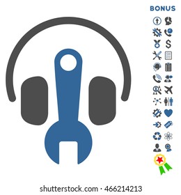 Headphones Tuning icon with bonus pictograms. Vector style is bicolor flat iconic symbol with rounded angles, cobalt and gray colors, white background.