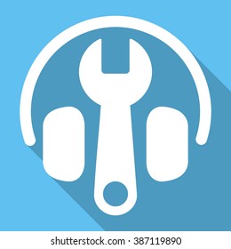 Headphones Tuning long shadow vector icon. Style is a white flat symbol on a light-blue square background.