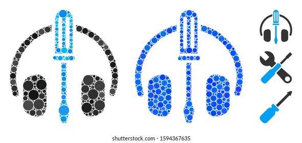 Headphones tuning screwdriver composition of circle elements in variable sizes and shades, based on headphones tuning screwdriver icon. Vector random circles are composed into blue composition.