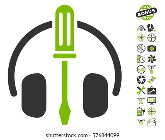Headphones Tuning Screwdriver icon with bonus flying drone service icon set. Vector illustration style is flat iconic eco green and gray symbols on white background.