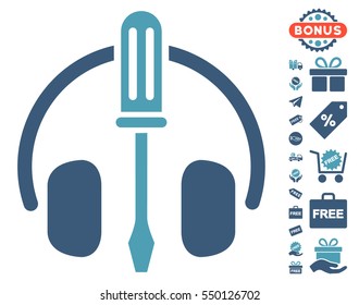 Headphones Tuning Screwdriver icon with free bonus design elements. Vector illustration style is flat iconic symbols, cyan and blue colors, white background.
