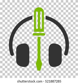 Headphones Tuning Screwdriver icon. Vector pictogram style is a flat bicolor symbol, eco green and gray colors, chess transparent background.