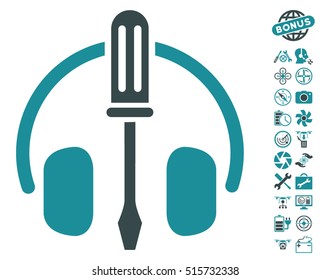 Headphones Tuning Screwdriver pictograph with bonus drone service icon set. Vector illustration style is flat iconic symbols on white background.