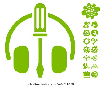 Headphones Tuning Screwdriver pictograph with bonus setup tools graphic icons. Vector illustration style is flat iconic eco green symbols on white background.