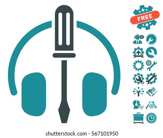 Headphones Tuning Screwdriver pictograph with bonus tools symbols. Vector illustration style is flat iconic soft blue symbols on white background.