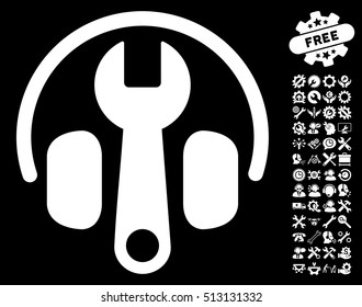 Headphones Tuning Wrench icon with bonus setup tools graphic icons. Vector illustration style is flat iconic white symbols on black background.