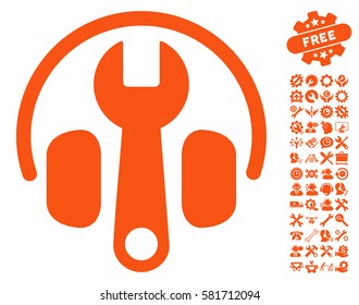Headphones Tuning Wrench icon with bonus tools design elements. Vector illustration style is flat iconic orange symbols on white background.