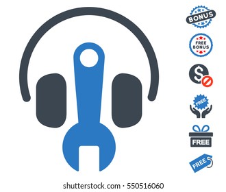 Headphones Tuning Wrench icon with free bonus design elements. Vector illustration style is flat iconic symbols, smooth blue colors, white background.