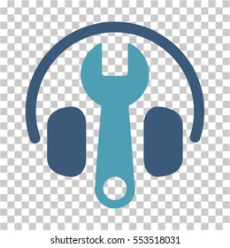 Headphones Tuning Wrench icon. Vector pictogram style is a flat bicolor symbol, cyan and blue colors, chess transparent background. Designed for software and web interface toolbars and menus.