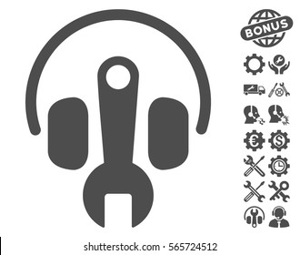 Headphones Tuning Wrench pictograph with bonus configuration pictures. Vector illustration style is flat iconic gray symbols on white background.