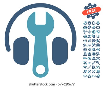 Headphones Tuning Wrench pictograph with bonus configuration graphic icons. Vector illustration style is flat iconic cyan and blue symbols on white background.