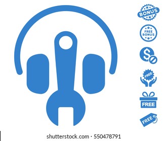 Headphones Tuning Wrench pictograph with free bonus clip art. Vector illustration style is flat iconic symbols, cobalt color, white background.
