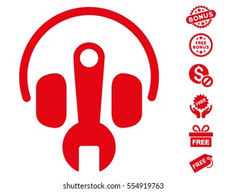 Headphones Tuning Wrench pictograph with free bonus design elements. Vector illustration style is flat iconic symbols, red color, white background.