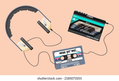 Headphones, a turntable and a retro compact cassette. Flat vector illustration of the top view.