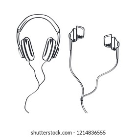 Headphones types, earphones kinds monochrome sketches outline vector line art. Headset with cable and adjustable headband. Listening music device, accessory
