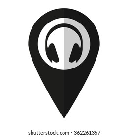 Headphones - vector icon;  black map pointer