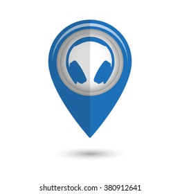 Headphones - vector icon;  blue map pointer