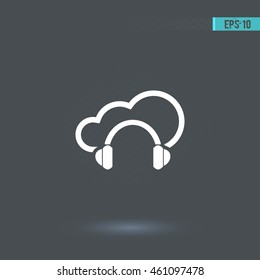 Headphones vector icon. Cloud pictogram. Graphic symbol for web design, logo.  White glyph on a gray background. Isolated sign.