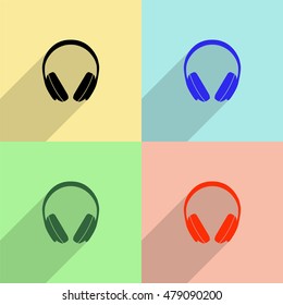 Headphones vector icon - colored set with long  shadow